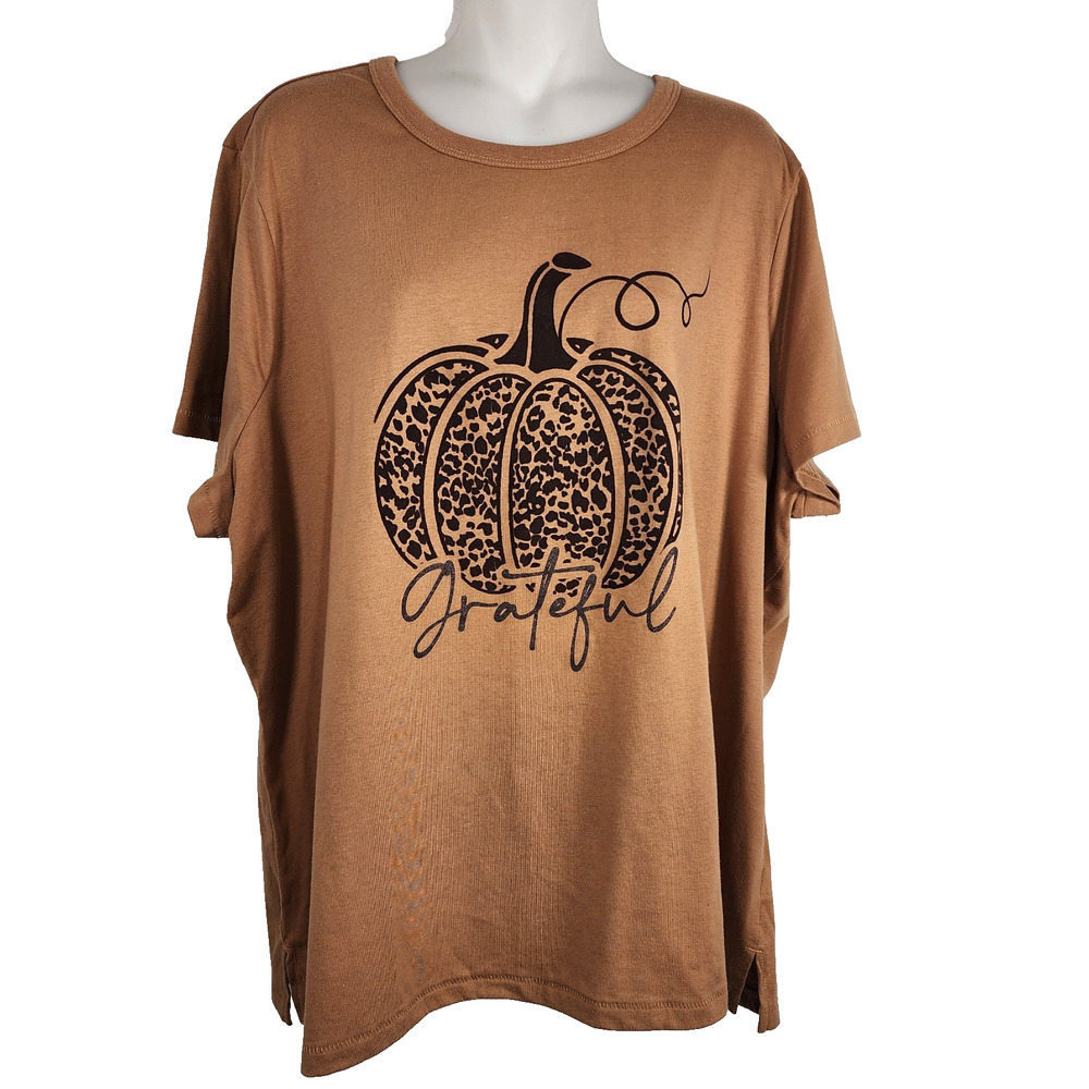 Maurice's Grateful Pumpkin Leopard Print Graphic Fall Tee Classic Brown 3X Slits
